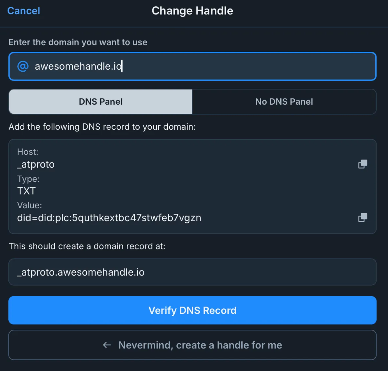 Bluesky domain change handle view