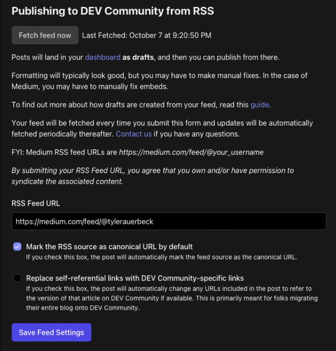 Medium RSS Publishing Screen